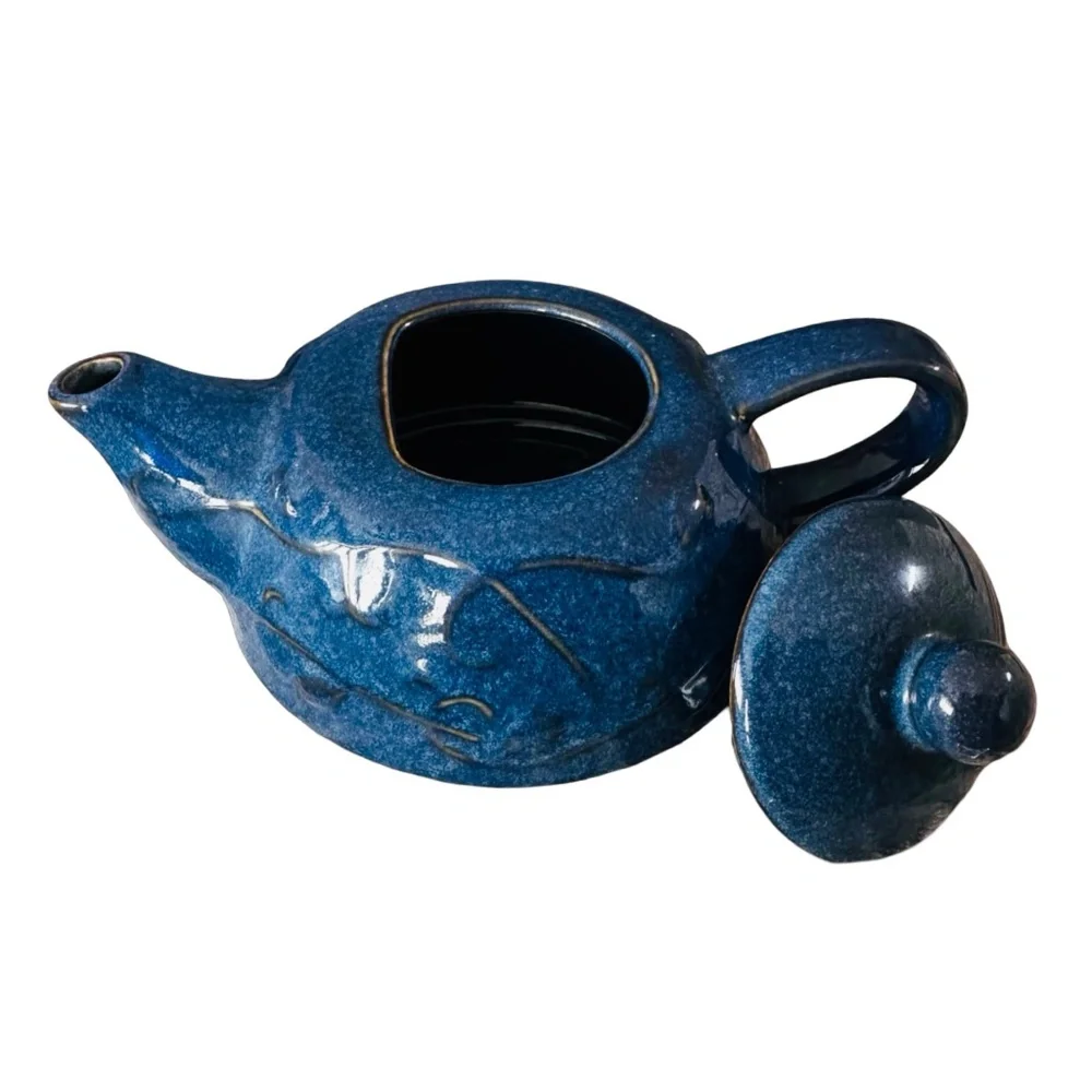 PIER 1 Vintage Art Pottery Stoneware Teapot 12 Oz Glazed Blue Handle Whimsical
